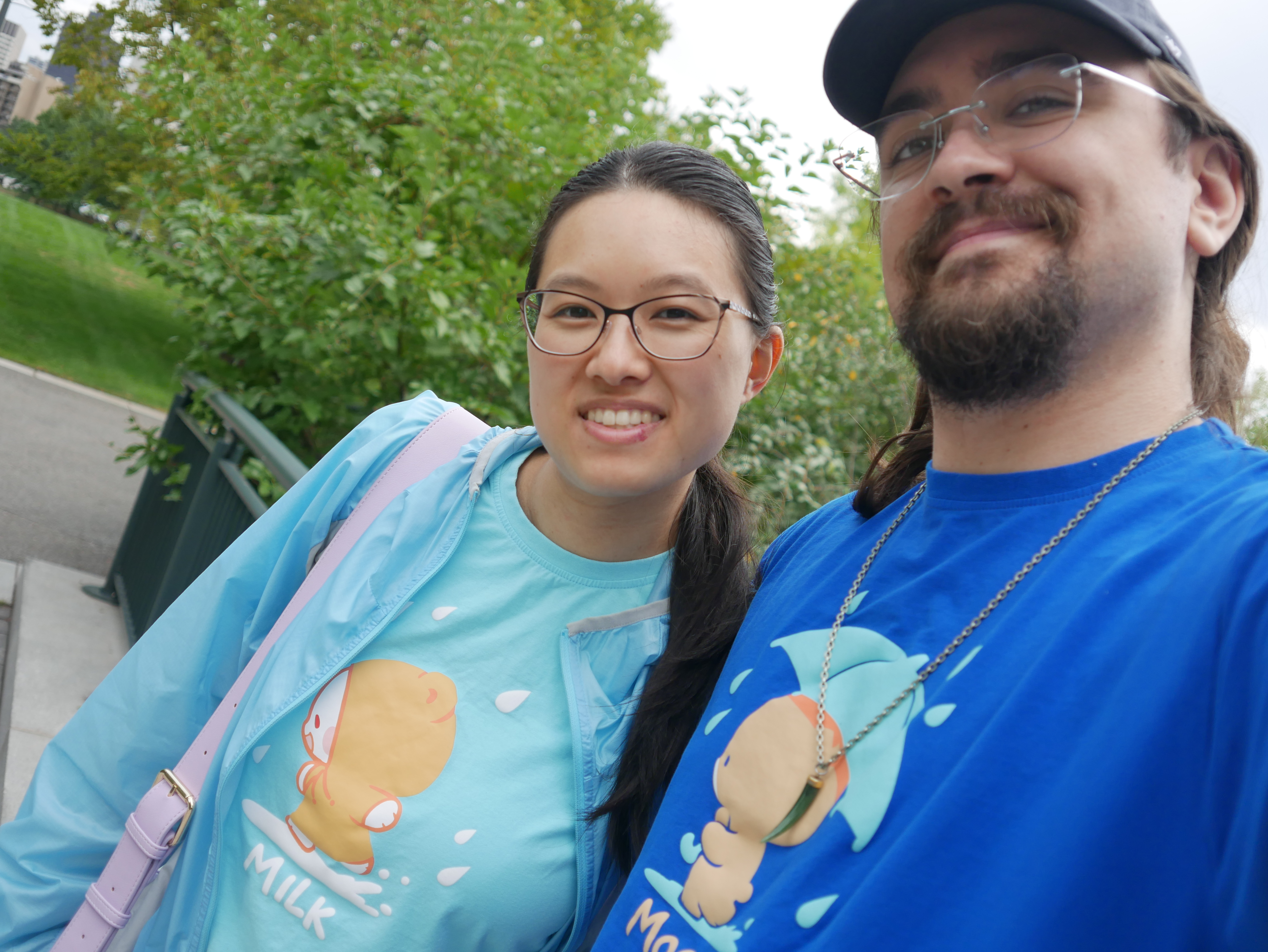 Megan and Andrew in matching Milk & Mocha rainy day T-shirts, at North Point Park in Cambridge